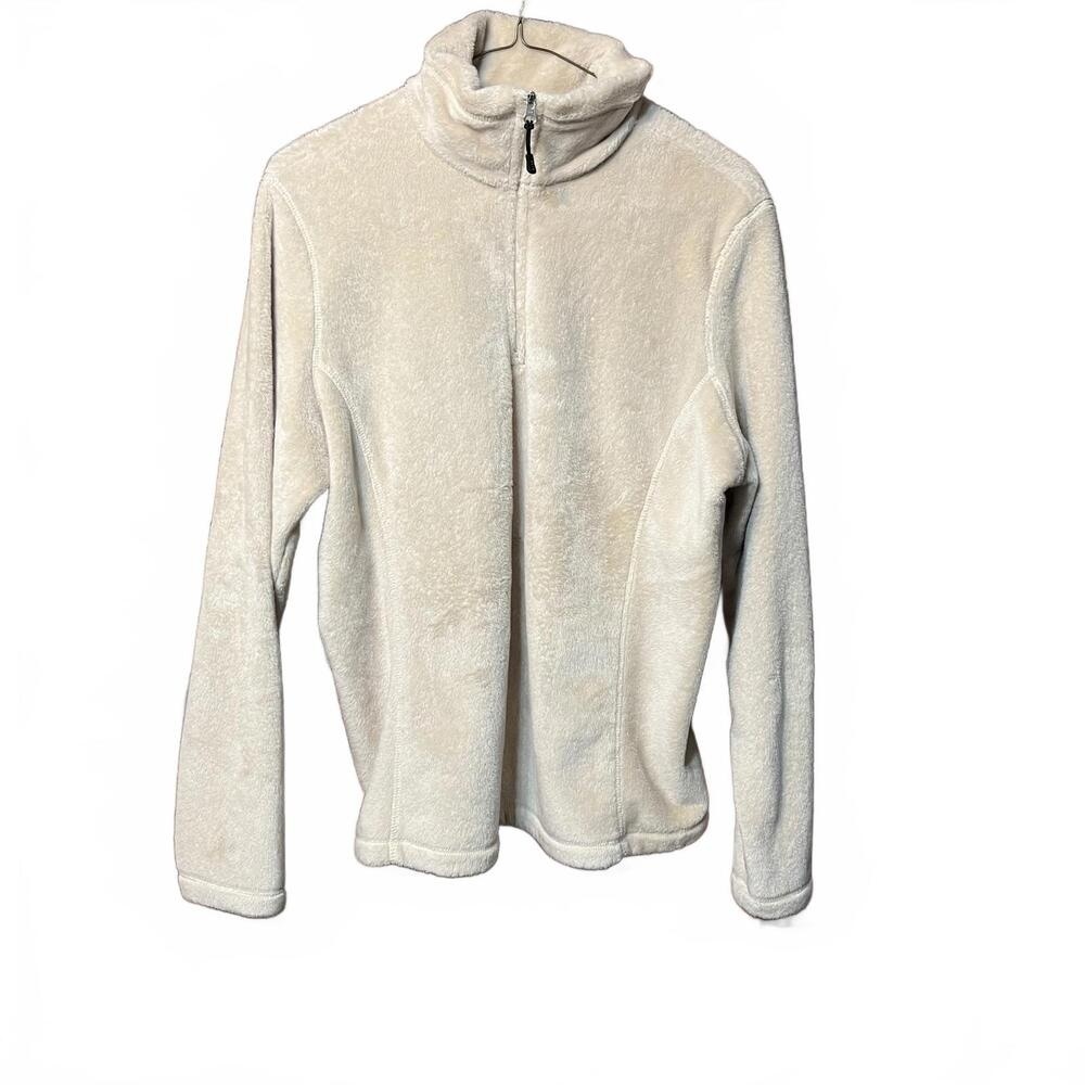 Lands End Cream Fleece Pullover Full Zip Stand Collar Long Sleeve Jacket 10 12